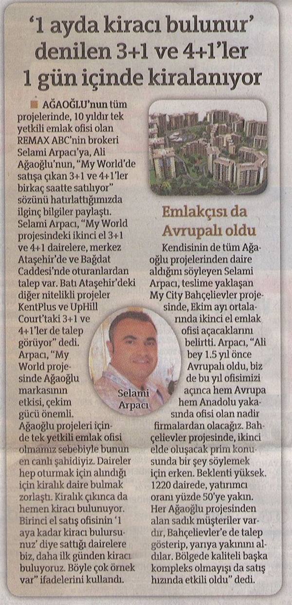 Selami Arpacı RE/MAX ABC - HEM AVRUPA HEM ANADOLU YAKASINDA... - HÜRRİYET SERİ İLANLAR 26.09.2010 haberi