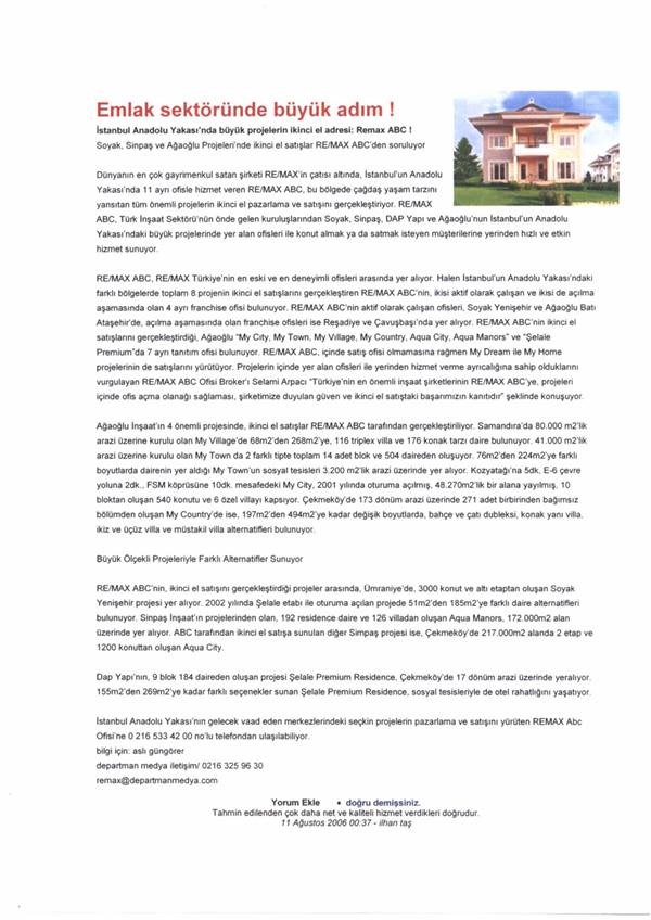 Selami Arpacı RE/MAX ABC - EMLAK SEKTÖRÜNDE BÜYÜK ADIM - HABER 3  07.08.2006 haberi