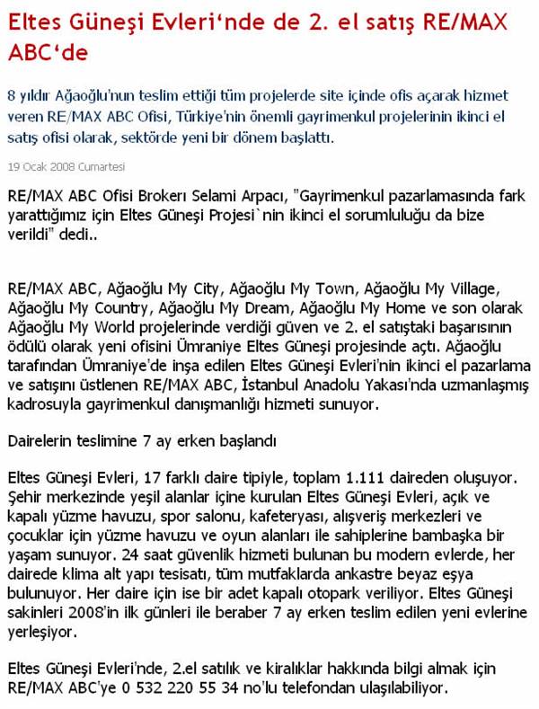 Selami Arpacı RE/MAX ABC - ELTES GÜNEŞİ EVLERİNDE ... - EMLAKKULİSİ.COM  19.06.2008 haberi