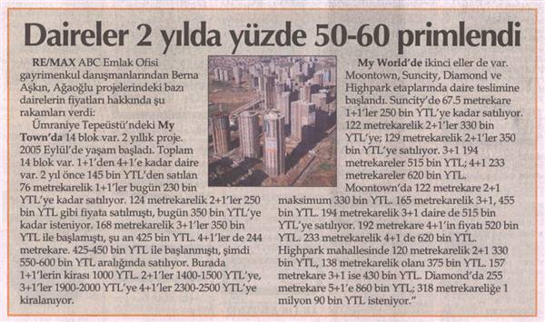 Selami Arpacı RE/MAX ABC - DAİRELER 2 YILDA YÜZDE 50-60 PİRİMLENDİ - HÜRRİYET GAZETESİ 01.10.2007 haberi