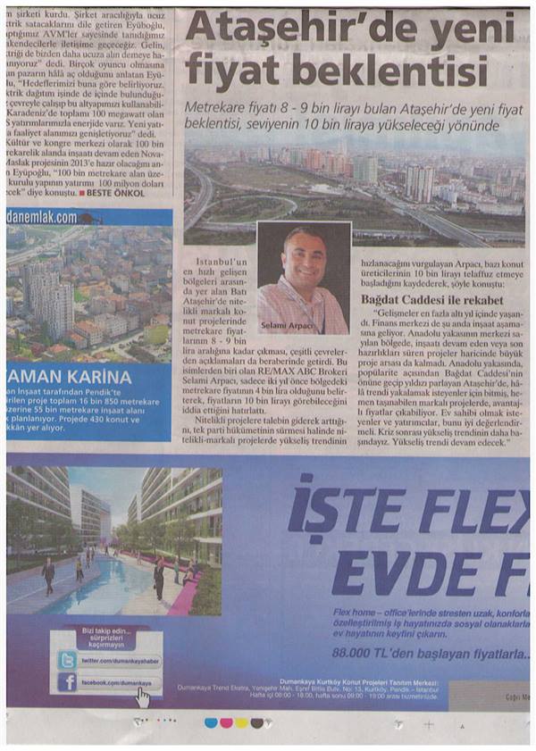 Selami Arpacı RE/MAX ABC - ATAŞEHİR'DE YENİ FİYAT BEKLENTİSİ - MİLLİYET GAZETESİ EKONOMİ SAYFASI 31.05.2011 haberi