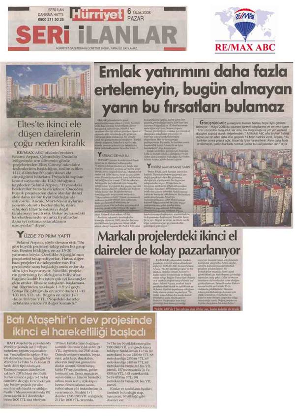 Selami Arpacı RE/MAX ABC - EMLAK YATIRIMINI DAHA FAZLA ERTELEMEYİN - HÜRRİYET GAZETESİ  06.01.2008 haberi