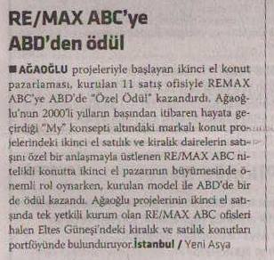 Selami Arpacı RE/MAX ABC - RE/MAX ABC' YE ABD' DEN ÖDÜL - YENİ ASYA GAZETESİ 19.06.2008 haberi