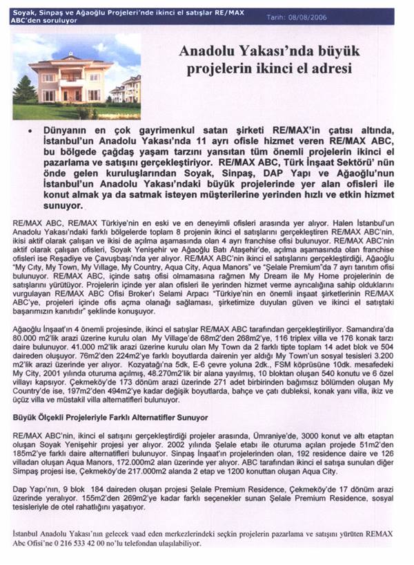 Selami Arpacı RE/MAX ABC - BÜYÜK PROJELERİN İKİNCİ EL ADRESİ - BÜLTEN PLUS 08.08.2006 haberi