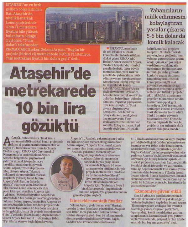 Selami Arpacı RE/MAX ABC - “Ataşehir’de metrekarede 10 bin lira gözüktü”... - HÜRRİYET SERİ İLANLAR 29.05.2011 haberi