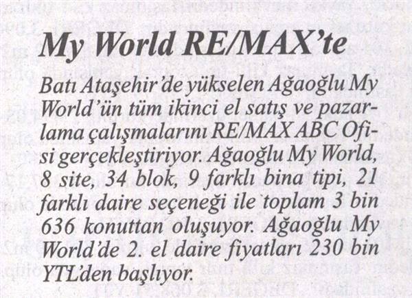 Selami Arpacı RE/MAX ABC - MY WORLD REMAX ABC' DE - CUMHURİYET GAZETESİ 04.10.2007 haberi