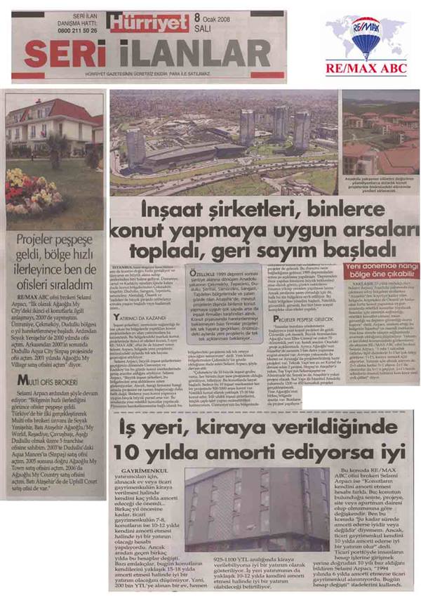 Selami Arpacı RE/MAX ABC - İNŞAAT ŞİRKETLERİ, BİNLERCE KONUT YAPMAYA... - HÜRRİYET GAZETESİ 08.01.2008 haberi